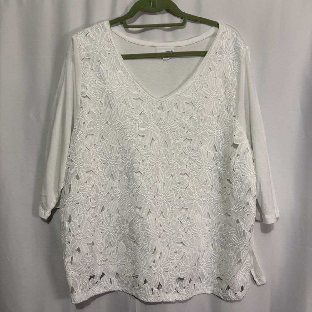 J Jill Women’s 2X White Lace Overlay Top Blouse Plus Size Floral Textured Shirt